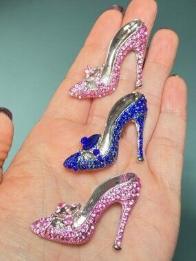 High Heel Brooch Set 3 Pink Blue Rhinestone Shoe Brooches Sparkly